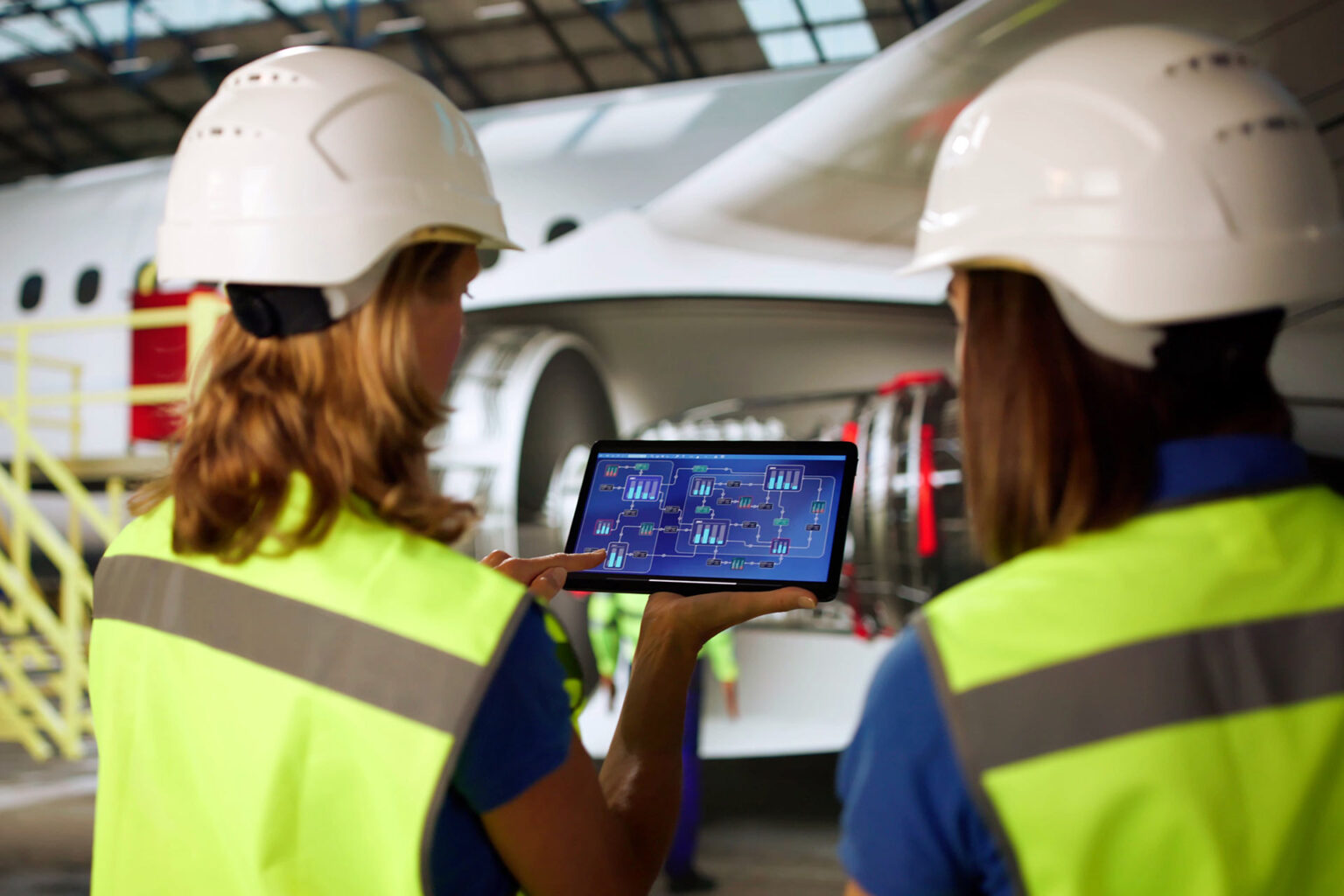 Aviation technicians reviewing aircraft operations inside a maintenance han